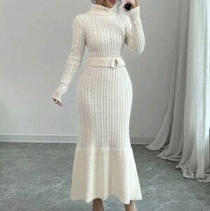 High Collar Belted Long Women Knit Sweater Dress, Autumn/Winter